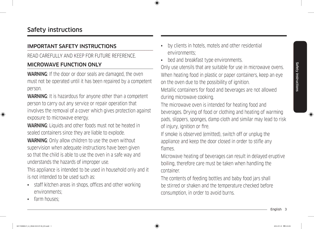 Samsung MC35J8088LT/LI manual Safety instructions, English  